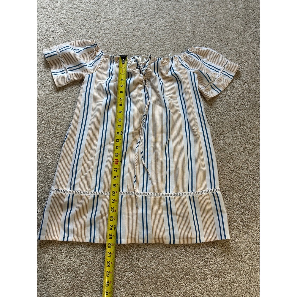 JOA Los Angeles Striped Off Shoulder Dress Blue Tan White Medium M